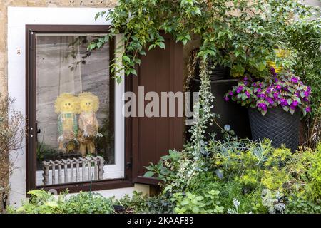 Haus mit Sonnenblumenspielzeug im Fenster, Strai Grad, Altstadt, Lovran, Lungomare, Franz Joseph Promenade, Lovran, Kroatien Stockfoto