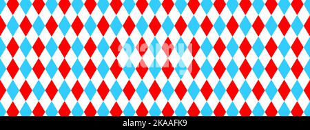 Blau, rot und weiß Rhombus Nahtloses Muster. Harlekin, Clown, Joker oder Narr Kostüm Ornament. Zirkus, Maskerade, Karnevalshintergrund. Vektorgrafik flach Stock Vektor