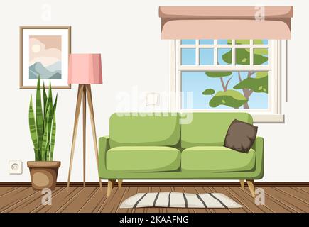 Gemütliche Wohnzimmereinrichtung mit grünem Sofa, Stehlampe und sansevieria-Pflanze (Schlangenpflanze). Cartoon-Vektordarstellung Stock Vektor