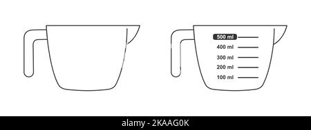 Messbecher leer und mit 500-ml-Volumen-Grafikskala. Halb-Liter-Behälter zum Kochen. Vektordarstellung. Stock Vektor