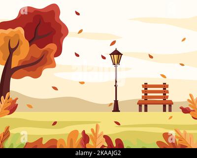 Flache Design-Illustration eines Herbstparks mit Bank und Laterne - Autumn Hygge Flat Vector Design Illustration Stock Vektor
