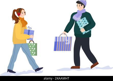 Glückliche Leute gehen die Straße hinunter mit Taschen und Geschenken. Vektor-weihnachts-Illustration. Vorbereitung auf die Weihnachtszeit. Stock Vektor
