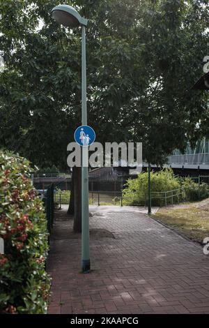 Straßenschild mit bemalten Menschen, die nur zu Fuß gehen, vor dem Hintergrund von Bäumen, im Park. Stockfoto