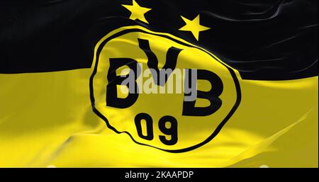 Dortmund, GER, September 2022: Die Flagge von Borussia Dortmund winkt im Wind. Borussia Dortmund ist ein deutscher Profisportverein mit Sitz in Dortm Stockfoto
