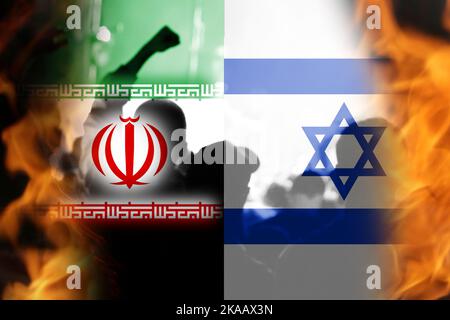 Unschärfen Sie die Nationalflaggen des Iran Israel. Protestiert Mann. Nachrichten, Meldung, Business background. Israel gegen Iran. Schlacht von zwei Ländern. Feuerflamme. Out of fo Stockfoto