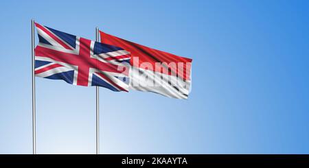 Flagge Großbritannien und Indonesien, Flagge Großbritannien mit blauem Himmel Hintergrund Stockfoto