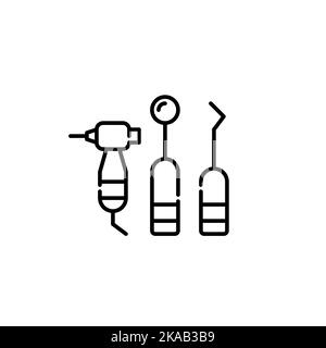 Zahnarztwerkzeuge. Spiegel, Sonde und Bohrer. Pixel-perfektes, bearbeitbares Strichsymbol Stock Vektor