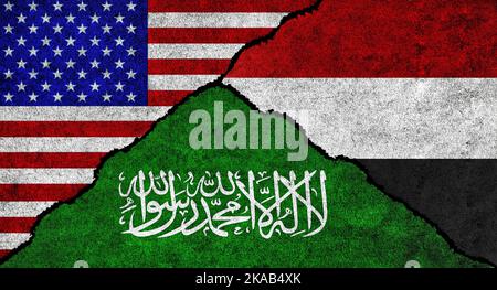 Die USA, der Jemen und Saudi-Arabien flaggen zusammen auf einer strukturierten Wand. Beziehungen zwischen Saudi-Arabien, Jemen und den Vereinigten Staaten von Amerika Stockfoto