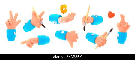 Künstler Hand hält Pinsel und zeigen Gesten des Daumens nach unten, Sieg und Wunsch wie. Painter Arm mit sich kreuzenden Fingern, Zeigen, Herzzeichen und Symbol der Chat-Nachricht, 3D Renderdarstellung Stockfoto