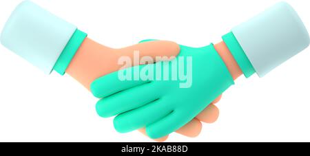Handshake-Symbol für zwei Ärzte. Konzept der Krankenhaus-Teamarbeit, Partnerschaft, professionelle medizinische Beziehungen mit Händen in Latexhandschuhen Grußgeste, 3D rendern Illustration Stockfoto