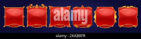 Goldene Vintage-Spiel-Rahmen, ui mittelalterlichen quadratischen roten Tasten mit Grenzen aus Metall, Edelsteine. Cartoon leer metallischen Grenze mit Edelstein isoliert Design-Elemente, Vektor-Illustration-Set Stock Vektor
