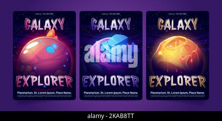 Satz von Planetarium-Bannervorlagen. Cartoon Vektordarstellung von außerirdischen Planeten, die mit Neonkratern vor dem Hintergrund des dunklen Sternenhimmels leuchten. Weltraumgalaxie Exploration, Astronomie Wissenschaft Veranstaltung promo Stock Vektor