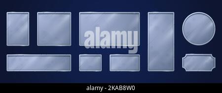 Stahlspielschilder, Namensschilder, leere Silbertafeln mockup. Metall glänzende Tags oder Abzeichen, quadratische runde und rechteckige Namensschilder, Gamer ui-Menü oder App-Grafikelemente, isolierte realistische 3D Vektor-Set Stock Vektor
