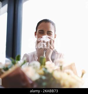 Diese sind schöner...achoo. Eine junge Geschäftsfrau, die ihre Nase vor einem Blumenstrauß bläst. Stockfoto