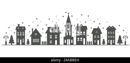 Vorstadtviertel Winterlandschaft. Silhouette von Häusern und Kirche auf der Skyline mit Schneeflocken. Landhaushäuser. Glyphen-Vektor Stock Vektor