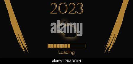 2023 Jahr des Schwarzen Hasen, goldene Muster, 3D Rendering Stockfoto