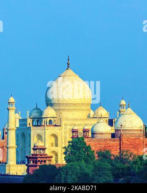 Perspektivischer Blick auf das Taj-Mahal Mausoleum von der roten Festung, Agra Stockfoto