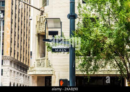 Straßenschild Main Street in Downtown Houston Stockfoto