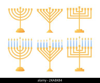 Hanukkah Menorah isoliert. Vektor-Set von traditionellen jüdischen Feiertag Symbol. Chanukiahs von verschiedenen Formen Sammlung. Goldene Halter leer und mit n Stock Vektor