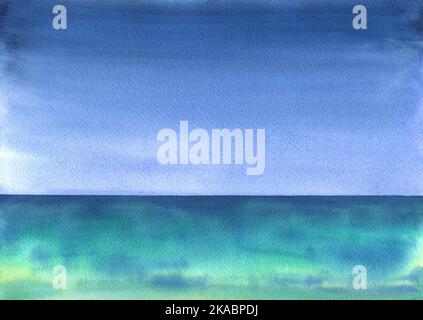 Aquarellillustration, Hintergrund mit blauem Himmel und azurblauem, türkisfarbenem Meer oder Ozean aus der SURF-Kollektion. Für Dekoration und Design von marinen Stockfoto