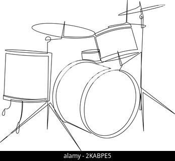 Fortlaufende Linienzeichnung des Trommelbandensatzes. Percussion Musikinstrumente Konzept. Trendige einlinige Grafik im Kunstdesign. Vektorgrafik Stock Vektor
