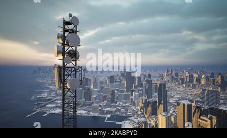 Telekommunikationsturm mit 5G Mobilfunkantenne im Stadthintergrund, 3D Render Stockfoto