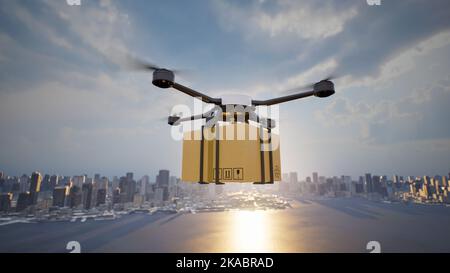 Autonome Frachtdrohne, die auf einer Großstadt fliegt, 3D Render Stockfoto