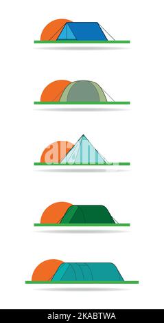 5 verschiedene Zelttypen im Sonnenuntergang Stock Vektor