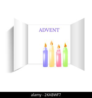 Weihnachten Advent Tür öffnen. Realistisch eine offene breite Türen mit brennenden vier Feuerkerzen isoliert auf weißem Hintergrund. Frohe Weihnachten, Advent banne Stock Vektor