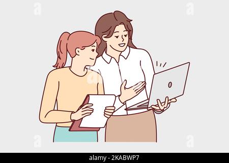 Geschäftsfrauen führen gemeinsam ein Brainstorming mit einem Laptop durch. Weibliche Mitarbeiter diskutieren gemeinsam am Computer über Geschäftsideen. Vektorgrafik. Stock Vektor