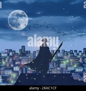 samurai mit Schwert und steht gegen den Nachthimmel im städtischen Hintergrund Stockfoto