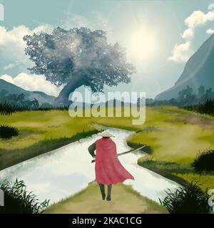 samurai mit Schwert und stehend mit Wiesenhintergrund Stockfoto