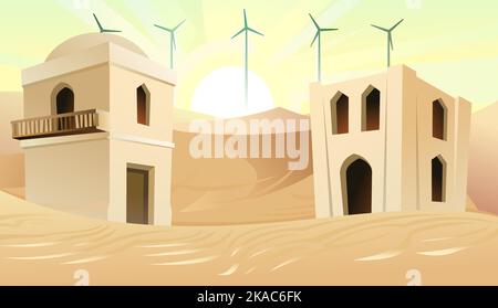 Arabische Lehmhütte. Windturbinen in sandiger Wüste. Adobe-Wohnung im Nahen Osten. Traditionelles Haus in Afrika und Asien. Vektor. Stock Vektor