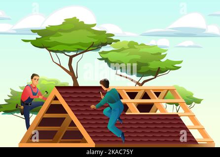 Fliesen von Dachmaterial. Arbeiter arbeiten auf dem Dach. Vor dem Hintergrund von Bäumen und Himmel. Service Illustration Vektor. Stock Vektor