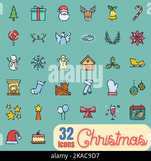 Weihnachts-Symbole setzen farbigen Umriss Stil. Vektorgrafiken. Stock Vektor