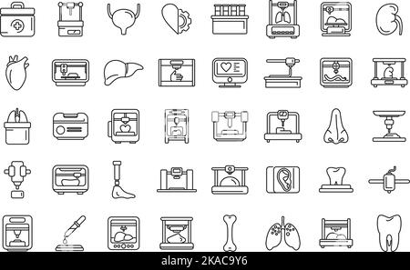 Bioprinting-Symbole legen den Umrissvektor fest. Anatomiebioprinter. Knochenzelle Stock Vektor