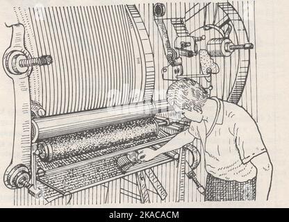 Eine illustrierte Sammlung von Graviertechniken, -Methoden und -Werkzeugen aus unbekannten Werkzeugen, -Techniken und -Mustern für die Buchgravierung: Illustration des Textildrucks Stockfoto