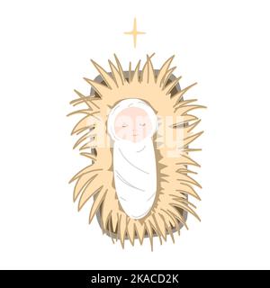 Jesuskind liegt auf dem Heu in einer Krippe. Heilige Familie fröhliche Weihnachtsikone. Cartoon isolierte Vektorgrafik Stock Vektor