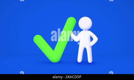 3D weiße Karikatur Mann mit großen genehmigen Zeichen. Auswahlkonzept. Isolierter blauer Hintergrund. Vektorgrafik Stock Vektor