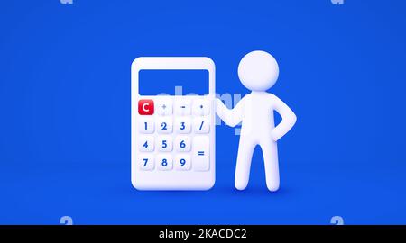 3D weißer Cartoon-Mann mit großem Rechner. Rechnungslegungskonzept. Isolierter blauer Hintergrund. Vektorgrafik Stock Vektor