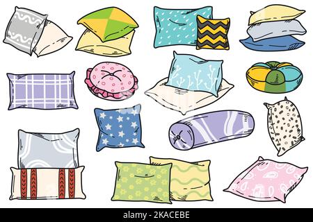Doodle Zeichnung Set aus weichen Kissen für Schlaf, Ruhe oder Schlafzimmer Dekoration. Handgezeichnete kuschelige Federkissen in verschiedenen Formen für das Bett, Sofa auf weißem Hintergrund. Dekorative bequeme orthopädische Kissen. Stock Vektor
