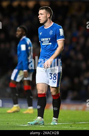 Glasgow, Schottland, 1.. November 2022. Leon King of Rangers während des UEFA Champions League-Spiels im Ibrox Stadium, Glasgow. Bildnachweis sollte lauten: Neil Hanna / Sportimage Stockfoto