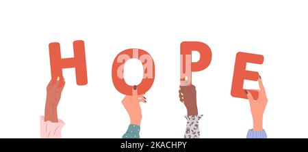 Gruppe verschiedener weiblicher Hände mit rotem Wort Hope. Verschiedene multiethnische Menschen sind zusammen. Vektor handgezeichnete Illustration im Cartoon-Stil Stock Vektor