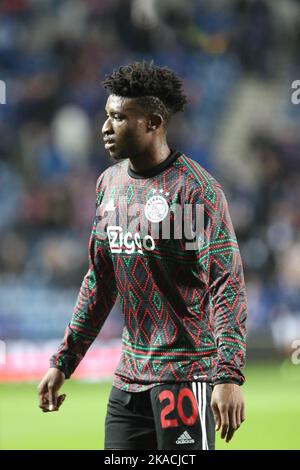 MOHAMMED KUDUS, professioneller Fußballspieler, der für Ajax spielt, bei einer Trainingseinheit im Ibrox-Stadion in Glasgow vor dem UEFA-Champions-League-Spiel Stockfoto