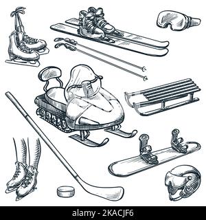 Design-Elemente für Wintersportgeräte. Handgezeichnete Vektorskizze. Symbole für Freizeitaktivitäten im Freien, isoliert auf weißem Hintergrund Stock Vektor
