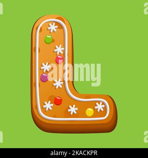 Weihnachts-Lebkuchenkekse. Lebkuchenbuchstabe L. hausgemachte Winterkekse in Form des Buchstabens L mit Zuckerzuckerung und Marmelade. Vektor illustrr Stock Vektor