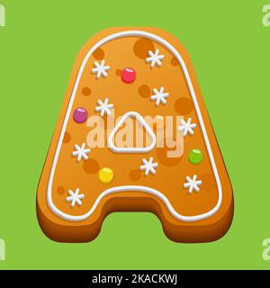 Weihnachts-Lebkuchenkekse. Lebkuchenbrief A. hausgemachte Winterkekse in Form des Buchstabens A mit Zuckerzuckerung und Marmelade. Vektor illustrr Stock Vektor