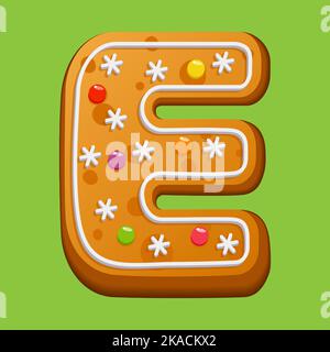 Weihnachts-Lebkuchenkekse. Lebkuchenbrief E. hausgemachte Winterkekse in Form des Buchstabens E mit Zuckerzuckerung und Marmelade. Vektor illustrr Stock Vektor