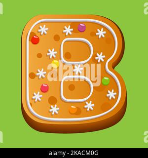 Weihnachts-Lebkuchenkekse. Lebkuchenbrief B. hausgemachte Winterkekse in Form des Buchstabens B mit Zuckerzuckerung und Marmelade. Vektor illustrr Stock Vektor