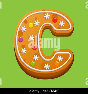 Weihnachts-Lebkuchenkekse. Lebkuchenbrief C. hausgemachte Winterkekse in Form des Buchstabens C mit Zuckerzuckerung und Marmelade. Vektor illustrr Stock Vektor